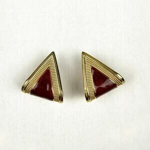 Vintage Red Enamel Triangle Earrings Gold Tone 80s Luxury Glam Glamoratti